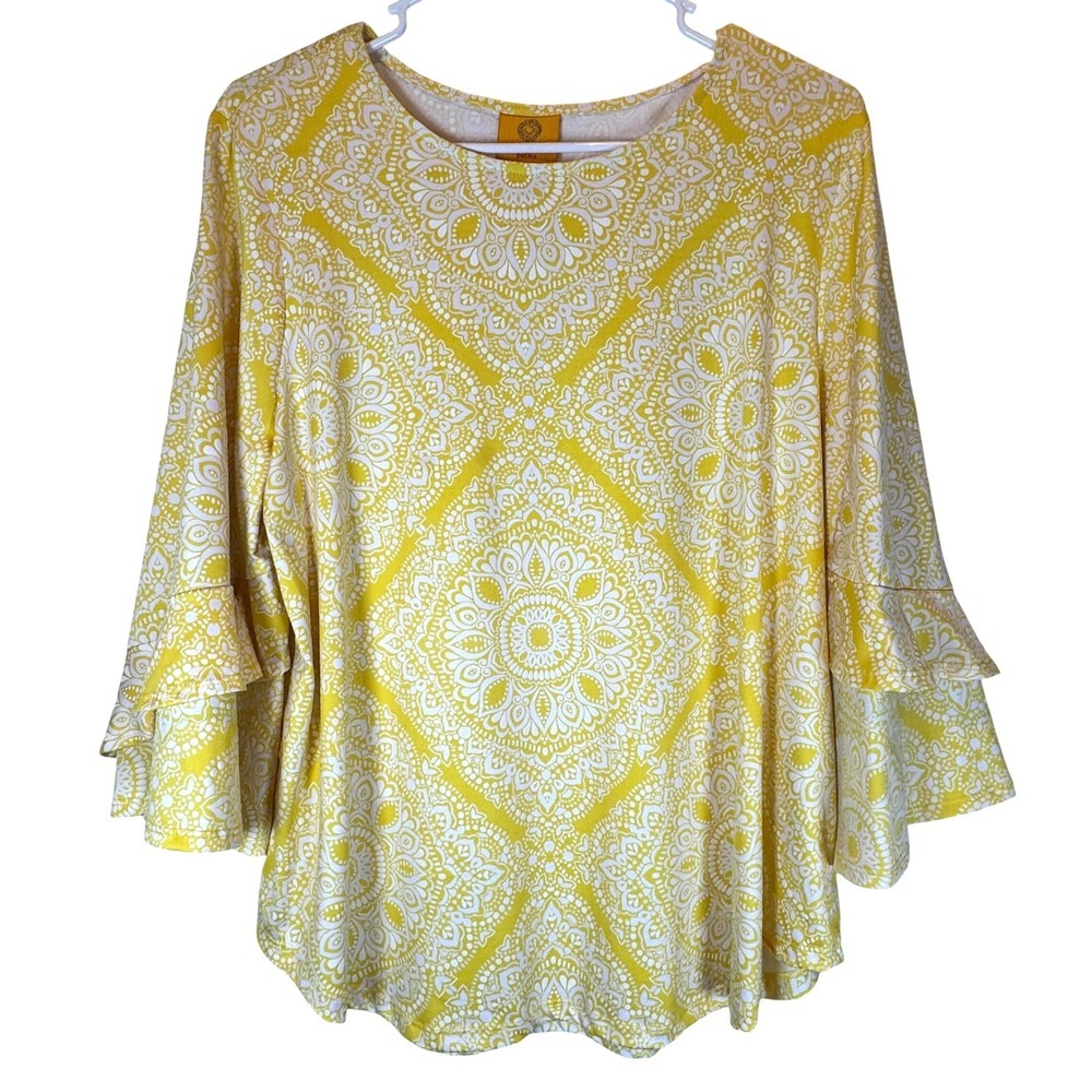 Women's Petite L Yellow Boho Ruffle Bell Sleeve Blouse Romantic Flowy Spring Top - Picture 2 of 7
